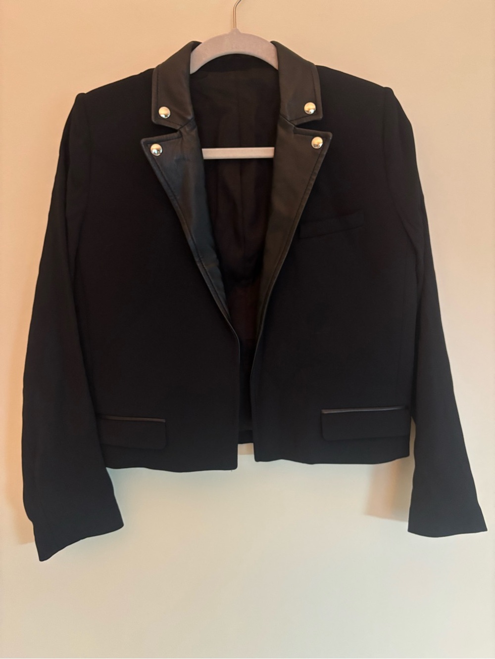 The Kooples Black Cropped Tuxedo Blazer Jacket Faux Leather Trim sz 38